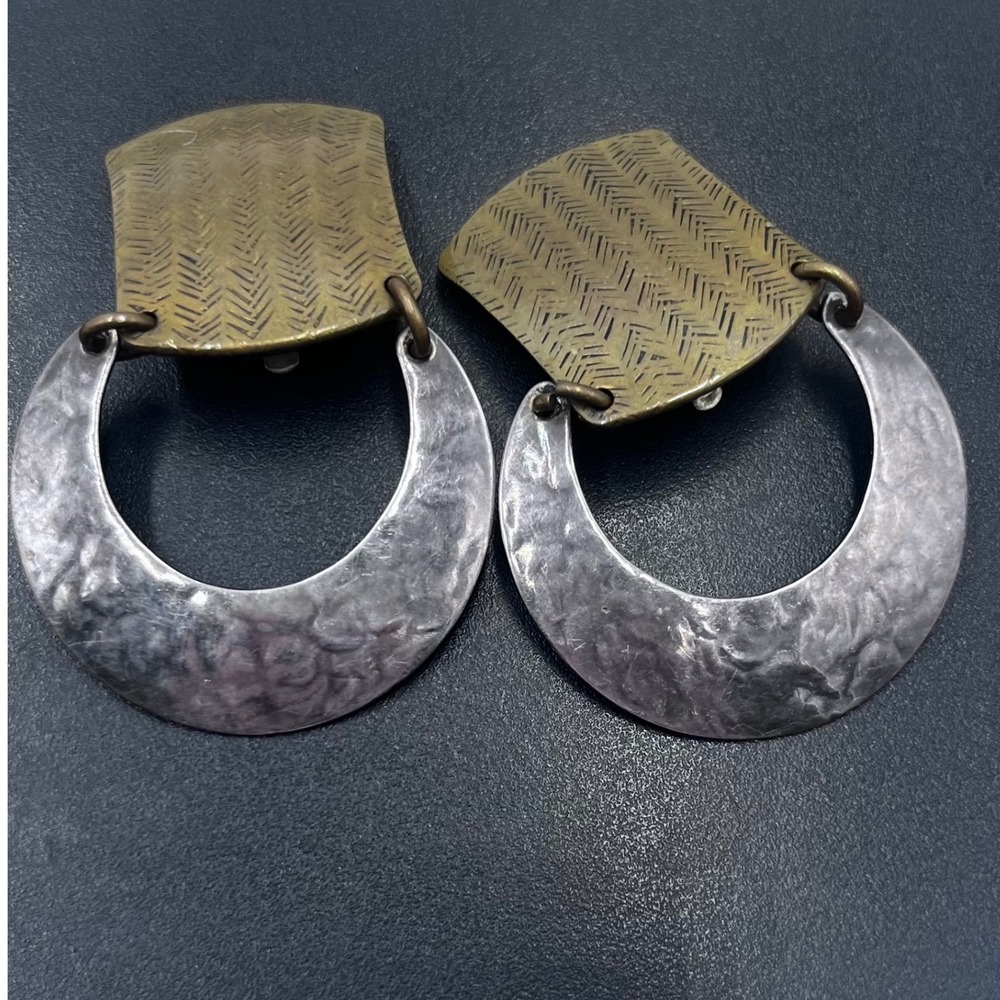 Vintage Marjorie Baer Modernist
Mixed Metal Door Knocker Clip On
Earrings MB SF